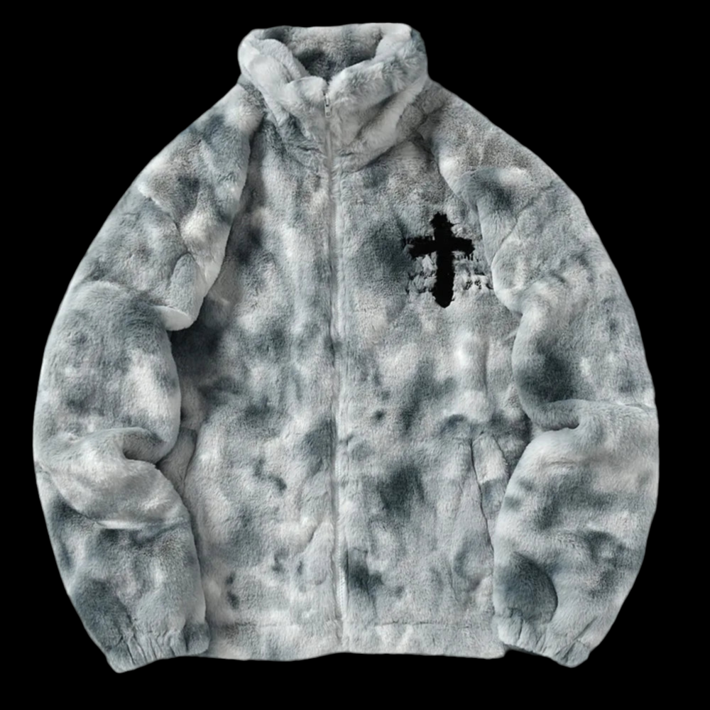 Grey Fur Jacket With Cross